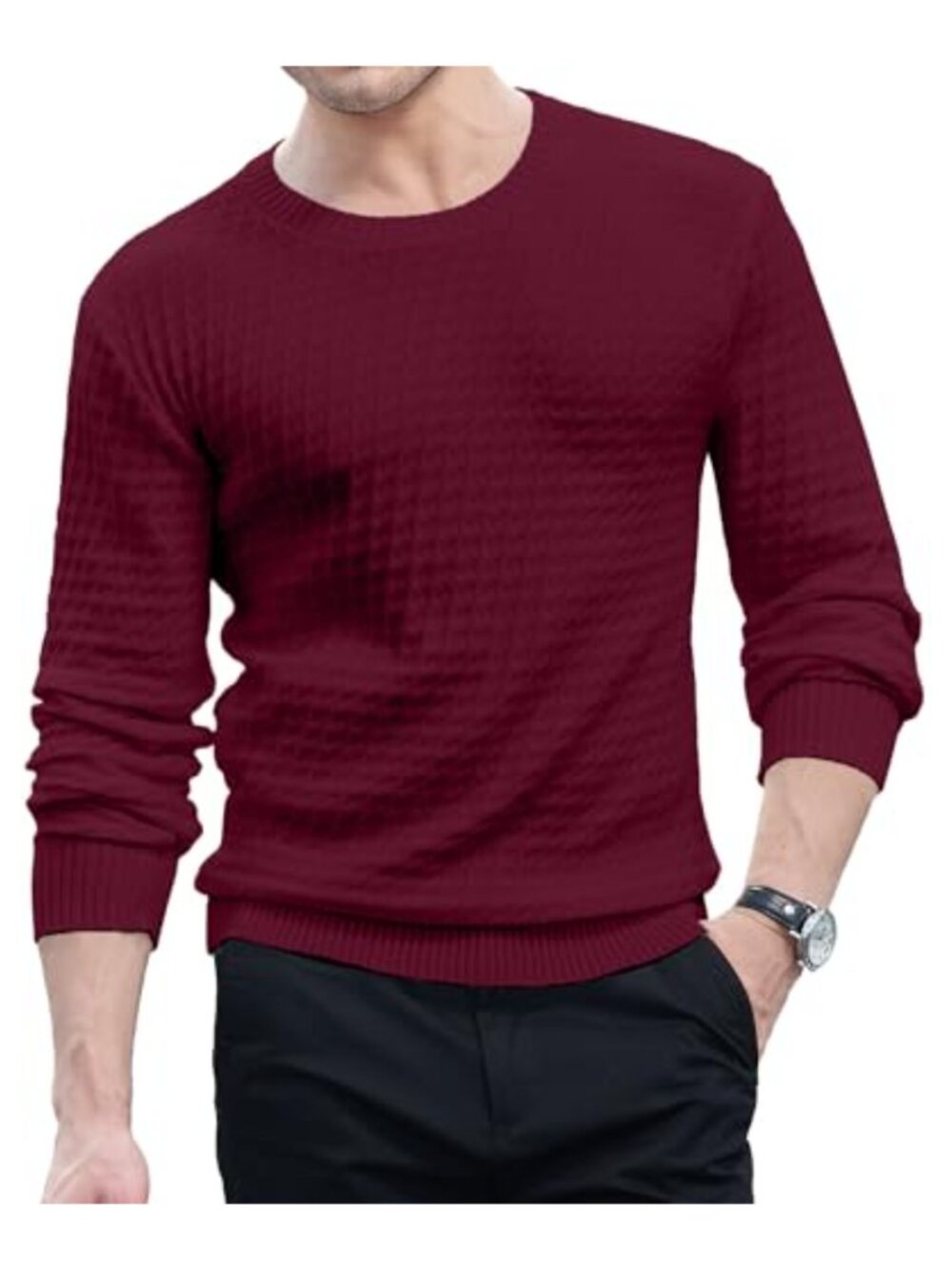 Mens Crewneck Sweater Waffle Textured Soft Pullover Long Sleeve
